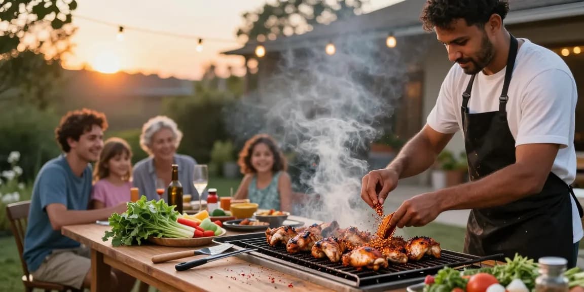 Grill master preparing marinated chicken at sunset, rokok88 login enhances outdoor culinary experience.