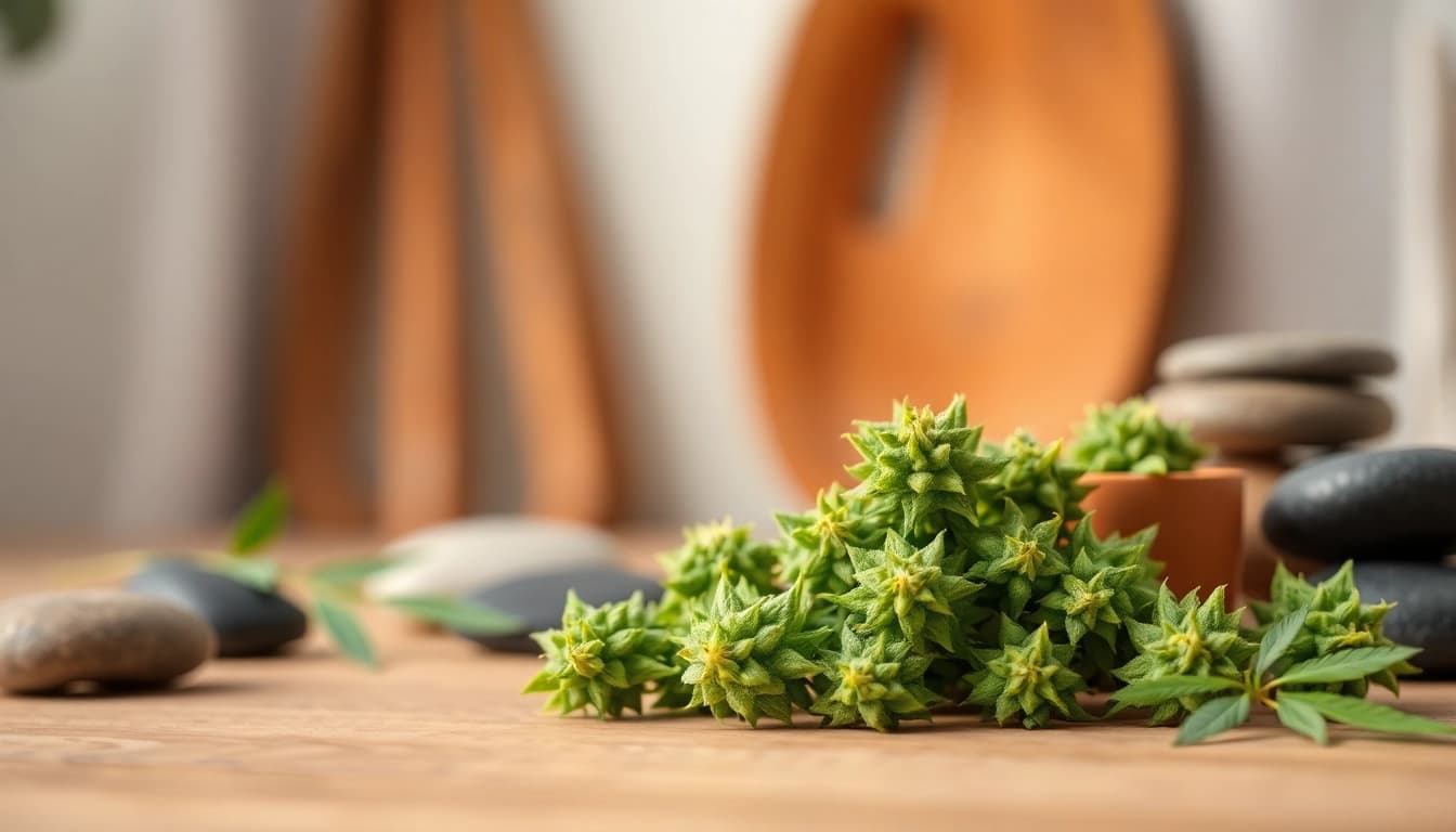 Highlighting Mental Wellness CBD buds in a tranquil setting, showcasing their fresh, vibrant qualities and intricate details.