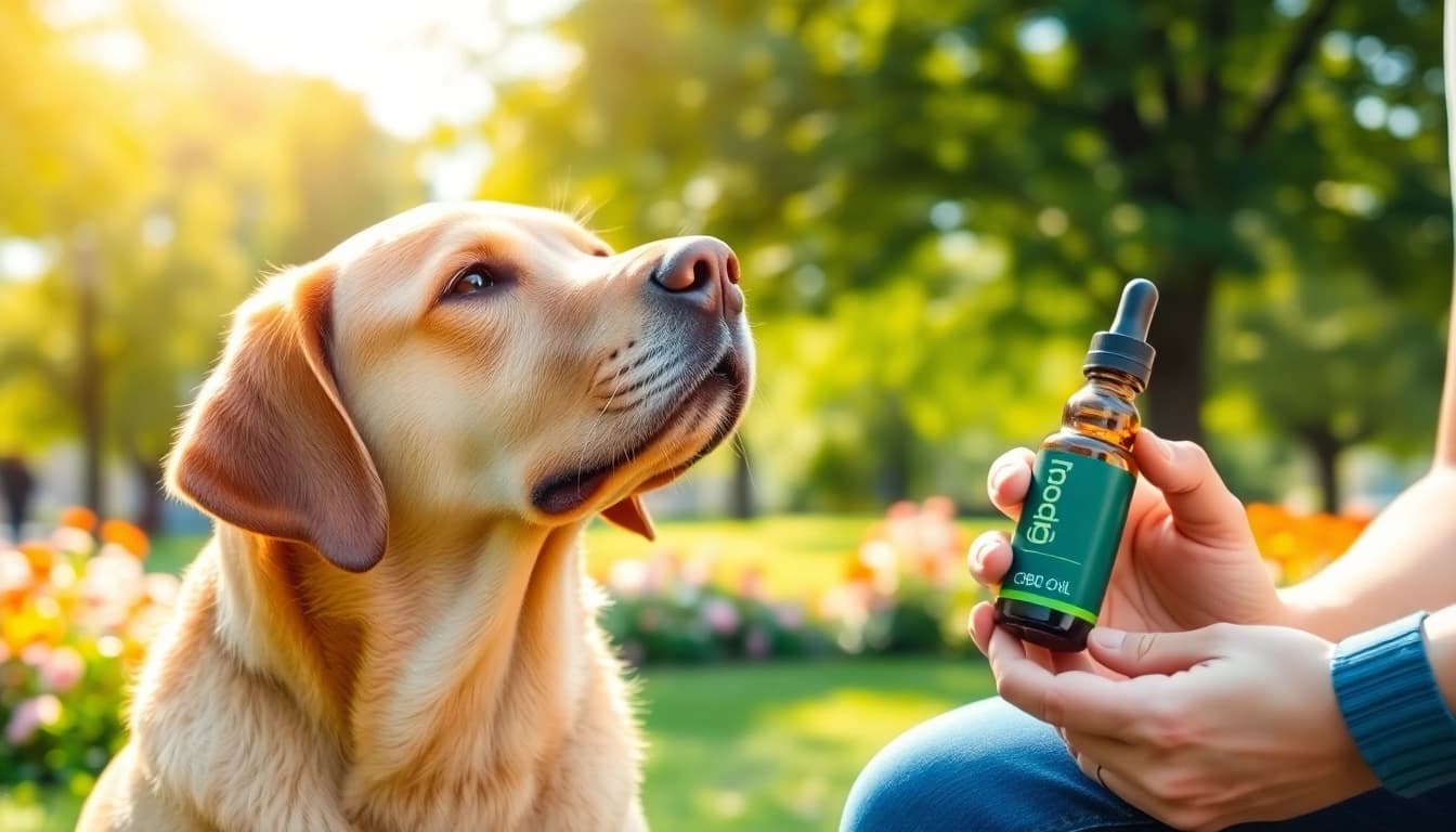 Dog enjoying CBD Oil For Dog with owner in a sunny park, promoting relaxation and wellness.