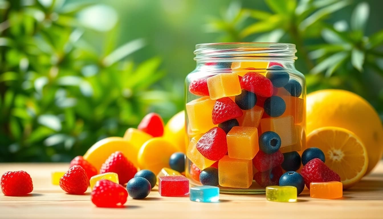 Tempting Weed Gummies in various flavors displayed in a glass jar surrounded by fresh fruits.