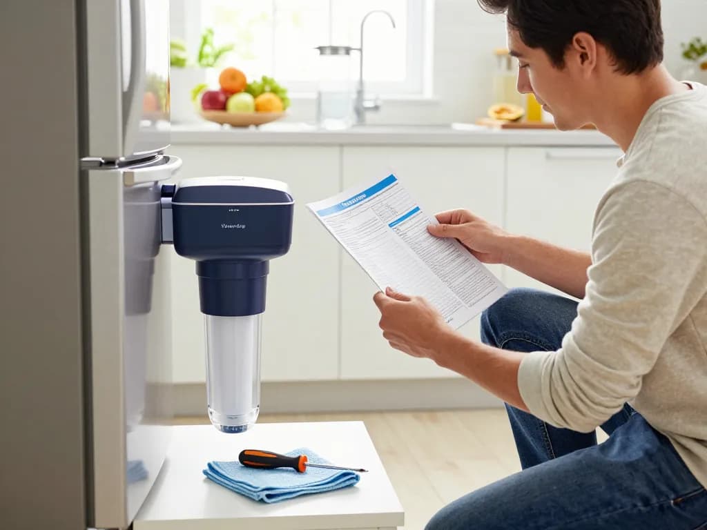 Homeowner installing Waterdrop 4396508 Replacement for Whirlpool® 4396510 water filter in modern kitchen, ensuring fresh quality.
