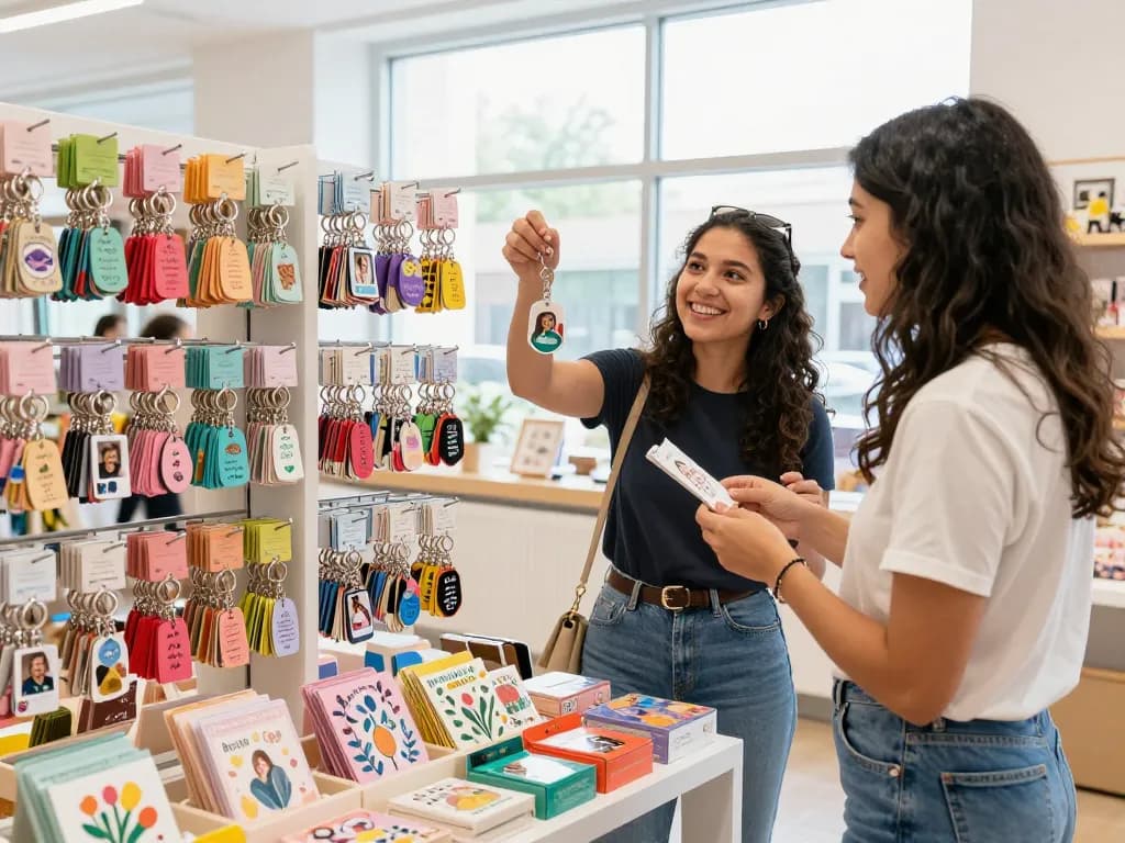 Explore personalized keychains in a vibrant retail space with custom designs.