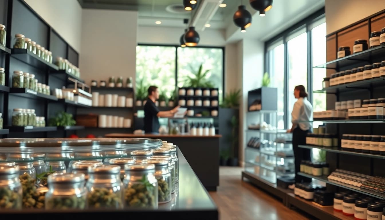 Explore a modern Weed Store filled with various cannabis products in a welcoming atmosphere.
