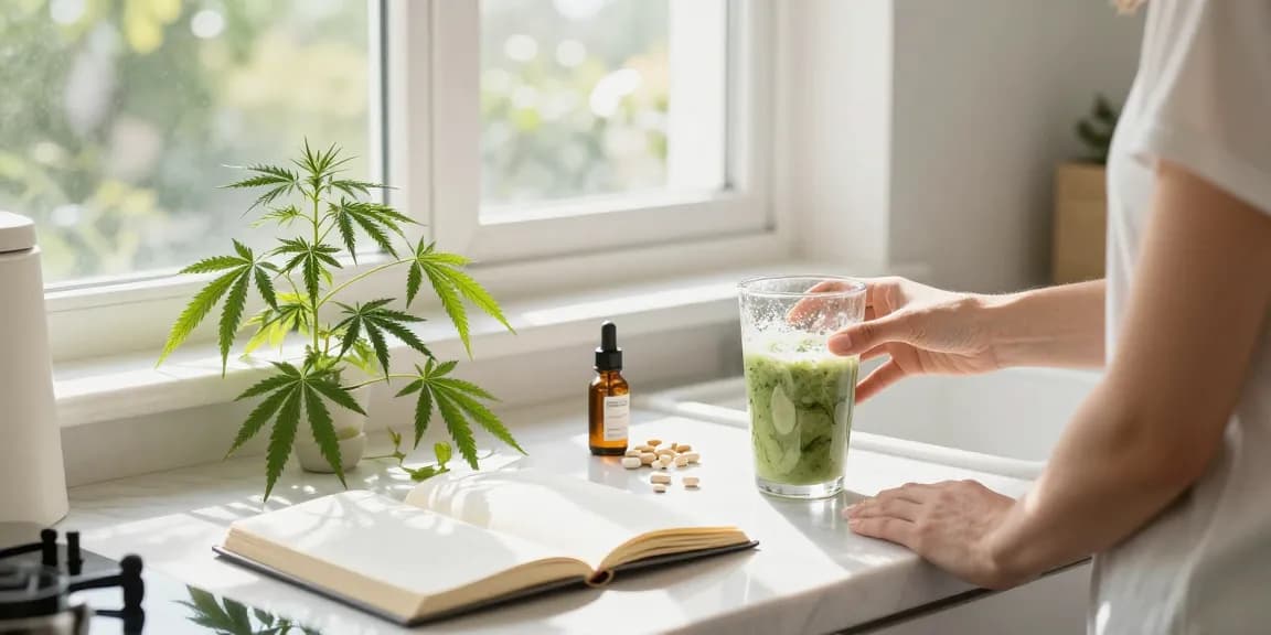 Comprar CBD online con productos de calidad, aceites, y elementos naturales en una cocina luminosa.