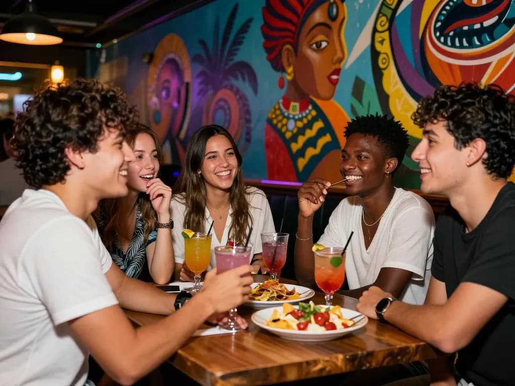Friends enjoying vibrant NSFW nightlife at a trendy bar.