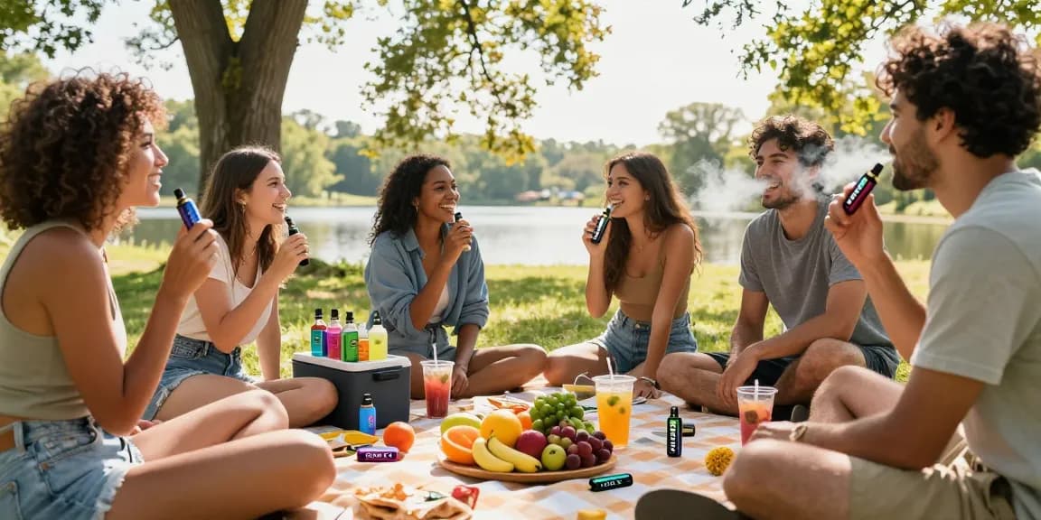 Friends enjoying GEEK Bar THC vape outdoors, surrounded by healthy snacks and a wellness atmosphere of natural elements.