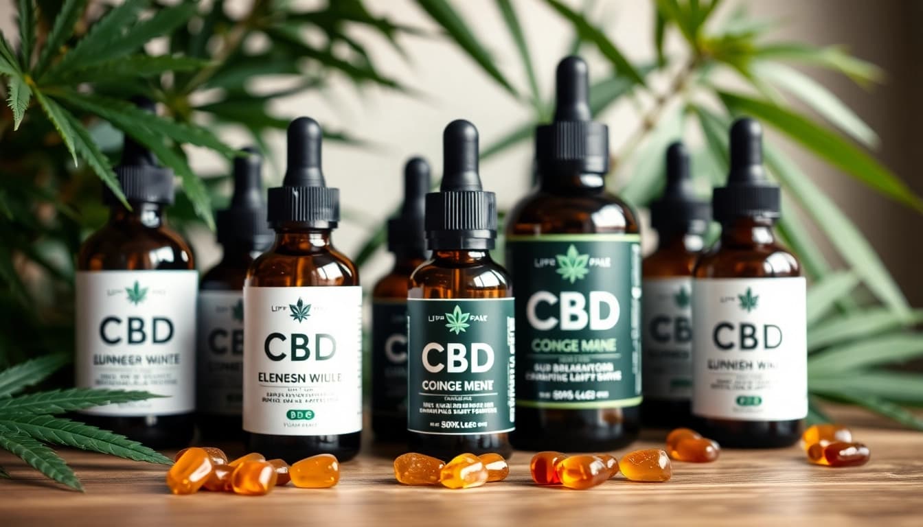 Showcasing CBD oil bottles and gummies on a wooden table, surrounded by hemp leaves.