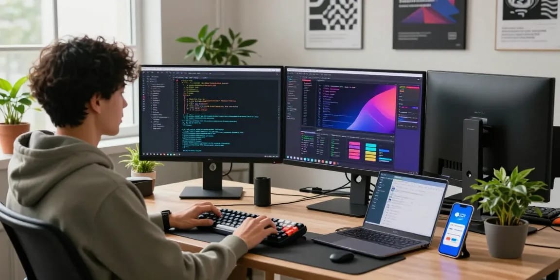 Engaging workspace for Telegram Download app development featuring dual monitors, vibrant code, and a modern tech atmosphere.