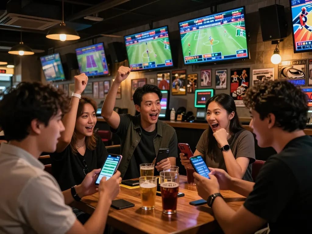 Fans engaging in tỷ lệ kèo nhà cái hôm nay while watching live sports in an exciting sports bar setting