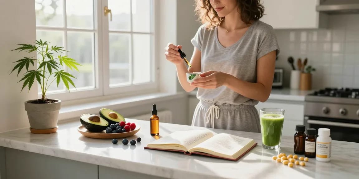 Muha med CBD oil tincture amid a balanced wellness routine featuring organic ingredients, promoting natural health solutions.