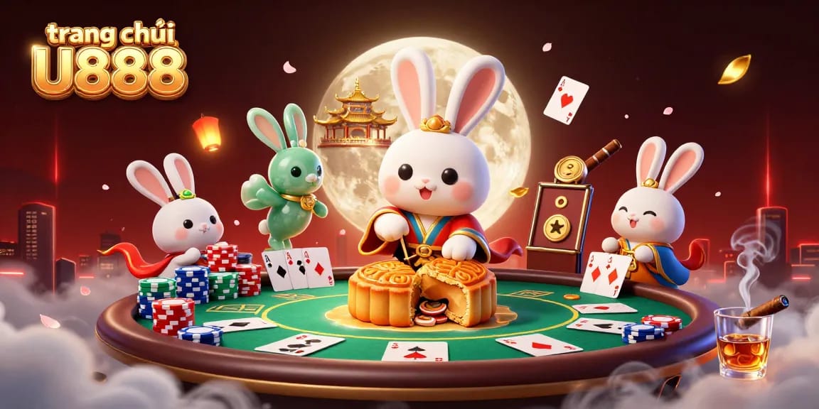Experience the thrill at trang chủ U888 with a lively scene of poker action amidst a lunar festival backdrop.