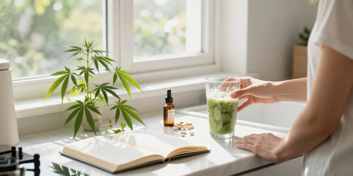 Comprar CBD online con productos de calidad, aceites, y elementos naturales en una cocina luminosa.