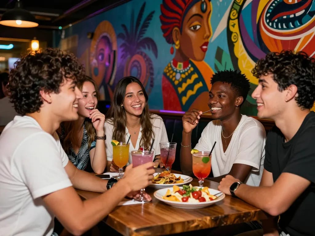 Friends enjoying vibrant NSFW nightlife at a trendy bar.