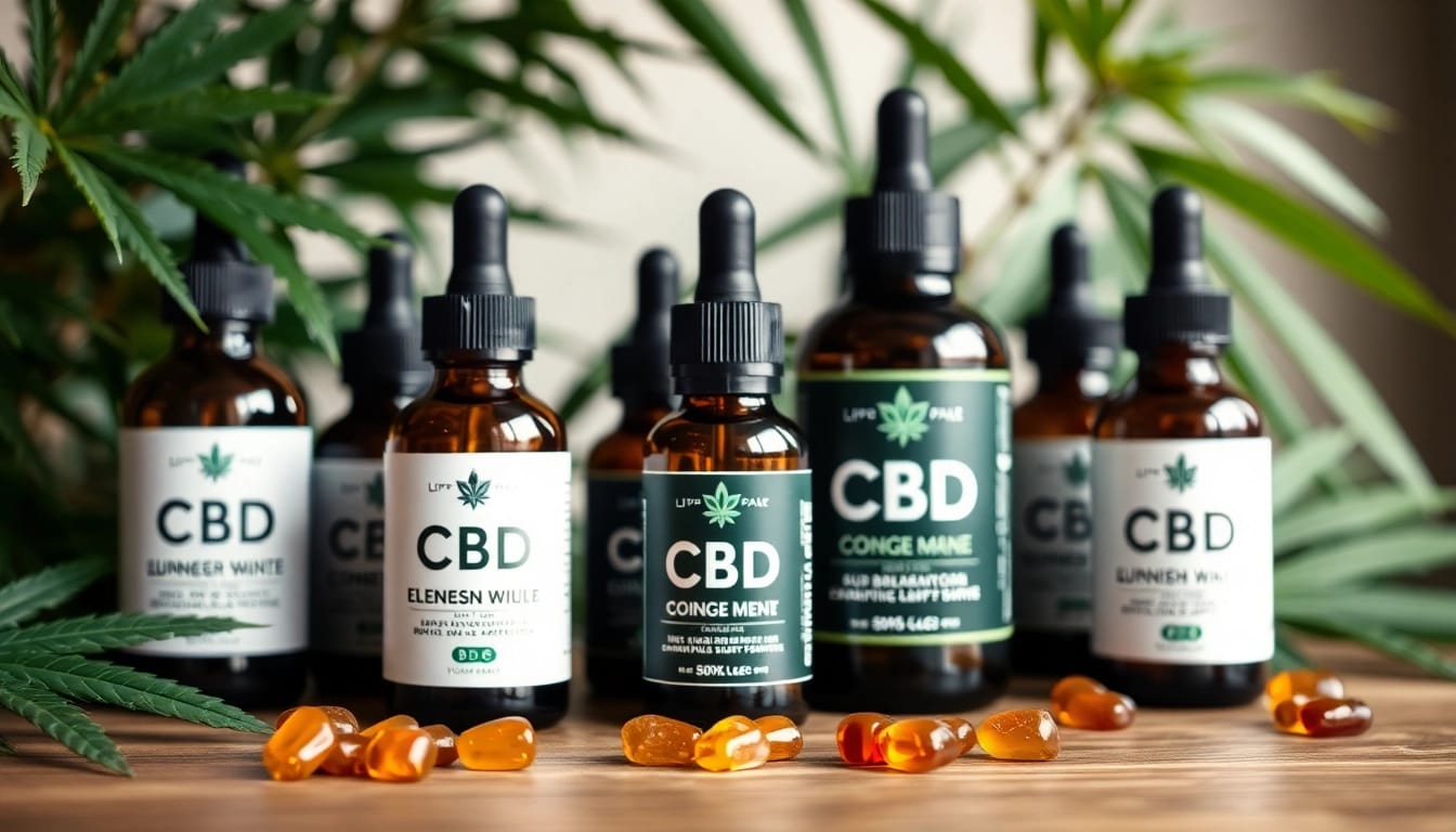 Showcasing CBD oil bottles and gummies on a wooden table, surrounded by hemp leaves.