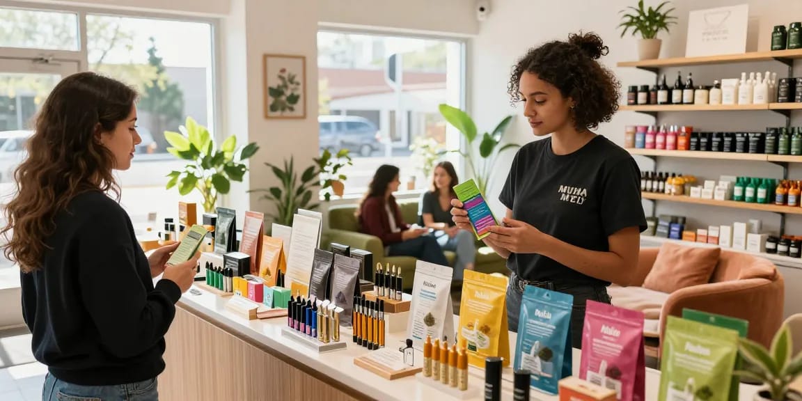 Customers exploring Muha Med cannabis products in a vibrant retail store showcasing cartridges and disposables.