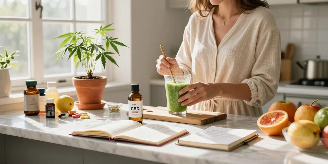 Ministry of Cannabis CBD oil bottle surrounded by fresh ingredients highlighting natural wellness in daily routines.