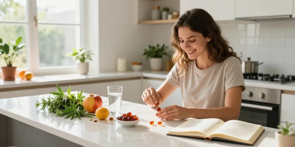 THC edibles experience with a woman measuring natural gummies, promoting wellness in a bright kitchen.
