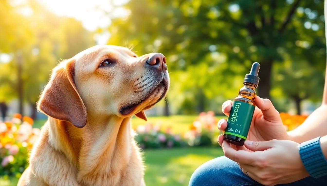 Dog enjoying CBD Oil For Dog with owner in a sunny park, promoting relaxation and wellness.