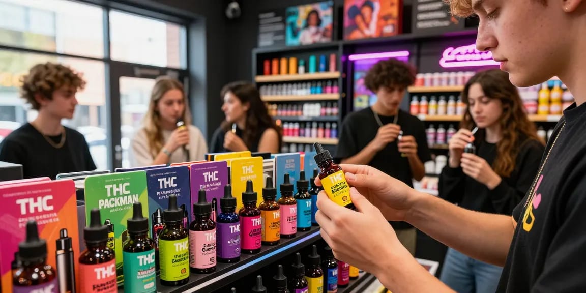 Experience the vibrant THC vape PackMan e-liquids with diverse flavors in an inviting vape shop.