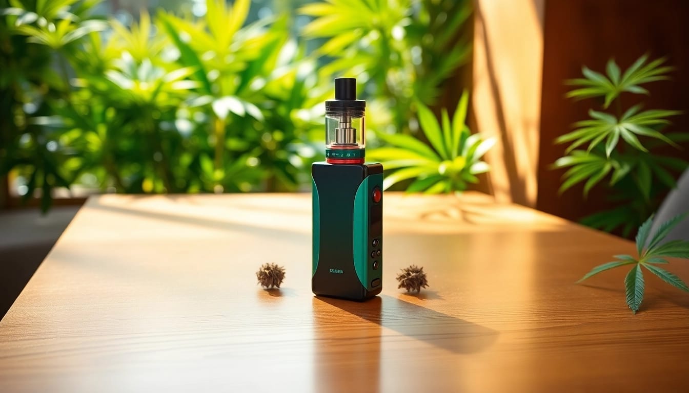 Enjoying a high-quality Cannabis Vape showcased elegantly on a wooden table amidst lush greenery.