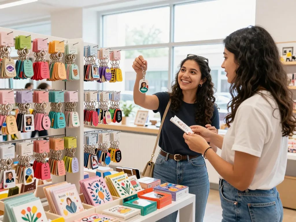Explore personalized keychains in a vibrant retail space with custom designs.