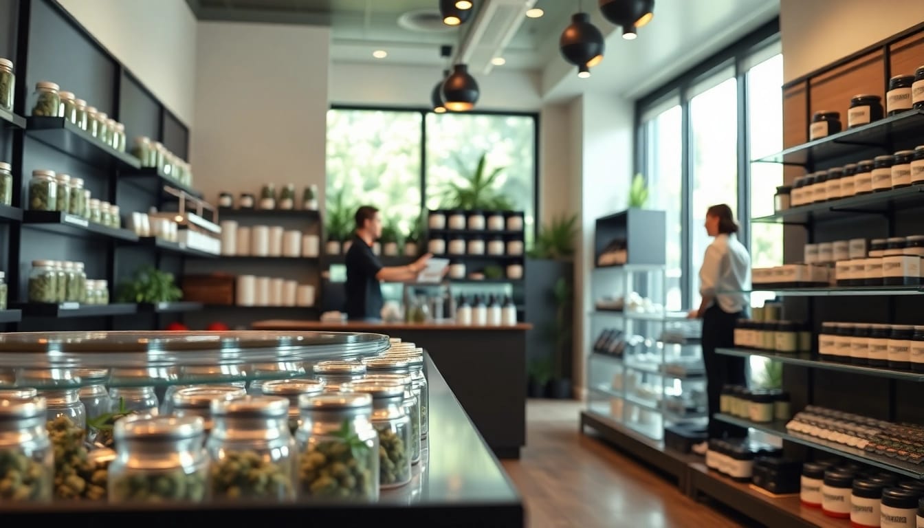 Explore a modern Weed Store filled with various cannabis products in a welcoming atmosphere.