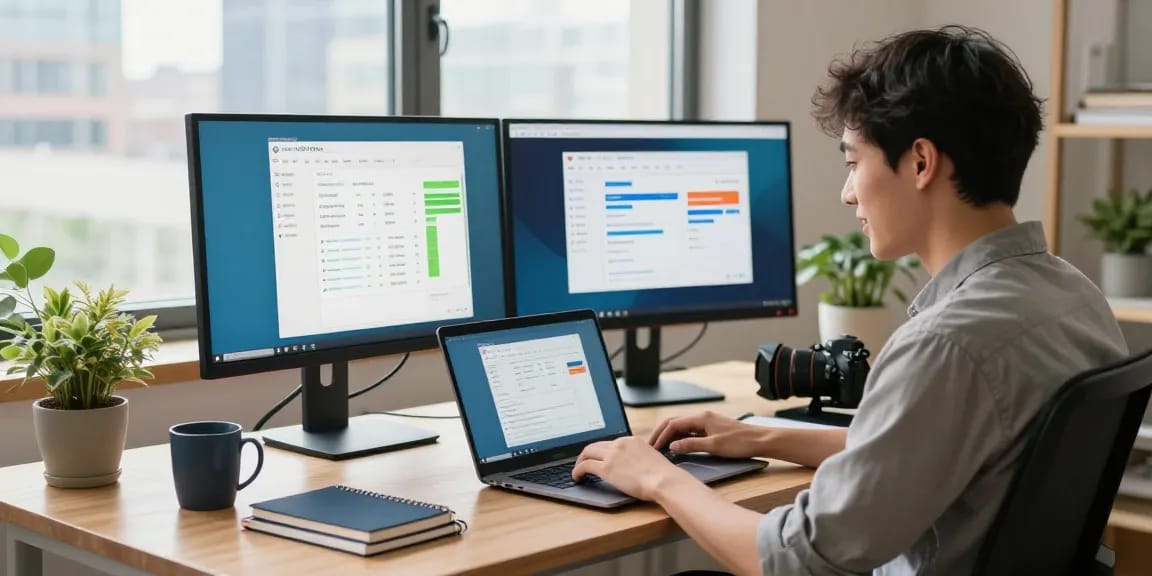 Download WPS Office in a vibrant, engaging home office scene showcasing productivity and creativity.