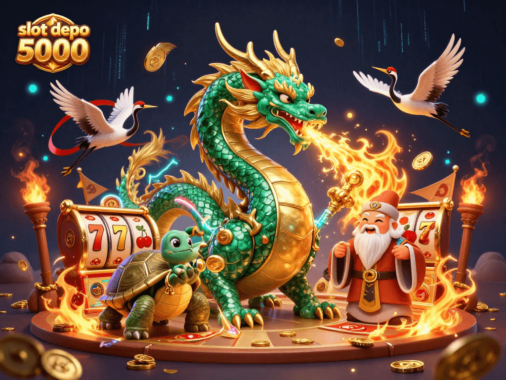 Experience thrilling gameplay with slot depo 5000 featuring vibrant symbols and captivating dragon art.