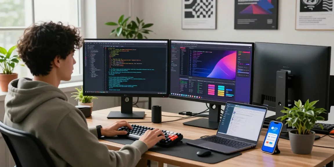 Engaging workspace for Telegram Download app development featuring dual monitors, vibrant code, and a modern tech atmosphere.