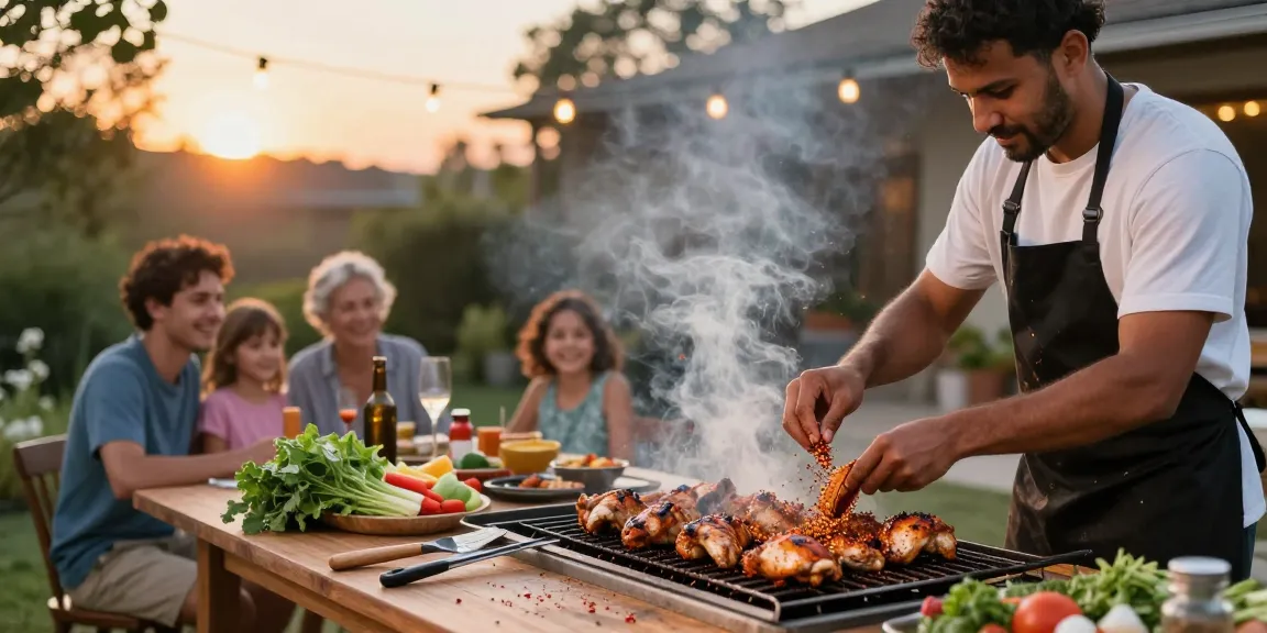 Grill master preparing marinated chicken at sunset, rokok88 login enhances outdoor culinary experience.