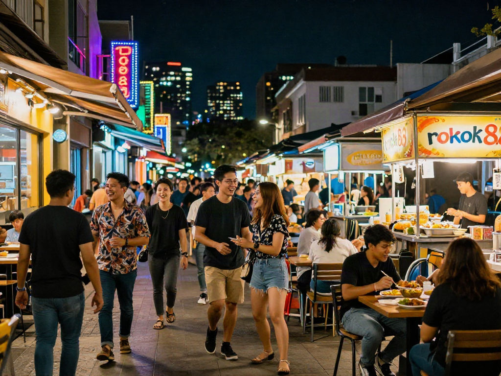 Friends celebrating together at a vibrant urban night scene with rokok88 signage.