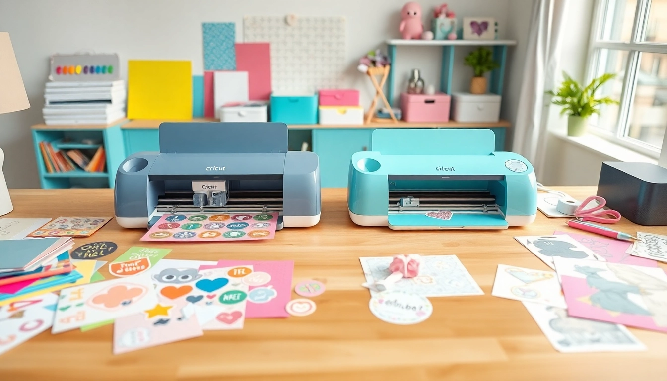 Comparison of Cricut vs Silhouette cutting machines with crafting supplies.