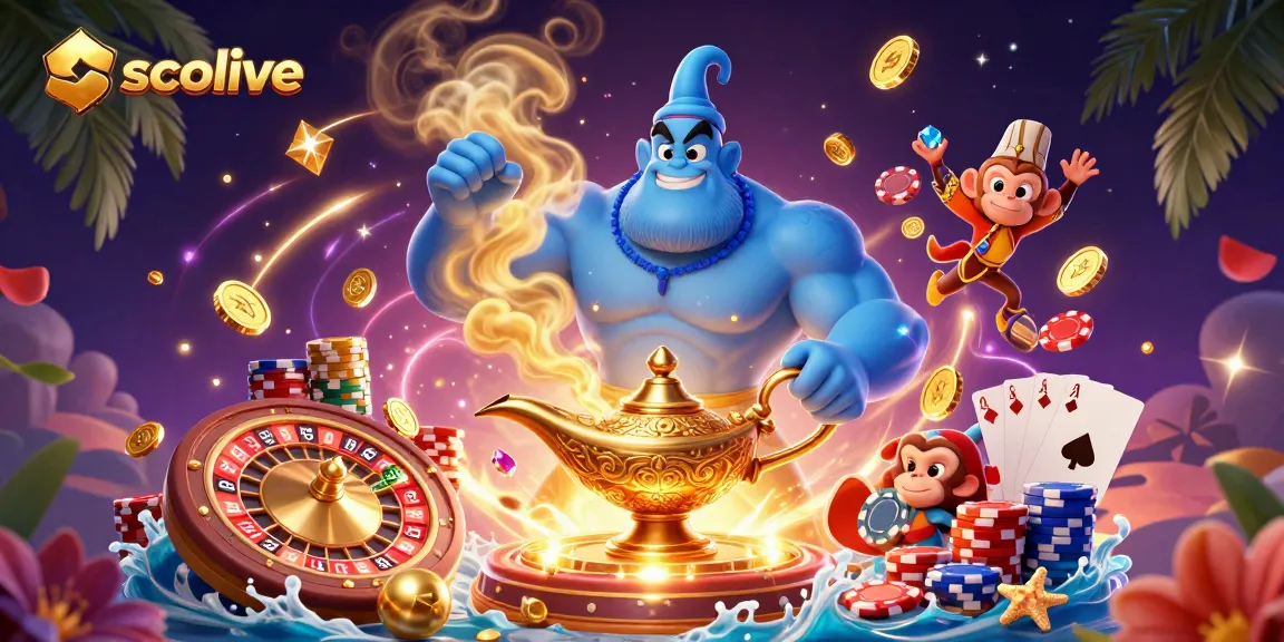 Experience the thrill of socolive with this vibrant scene showcasing a genie, poker chips, and splendid casino elements.