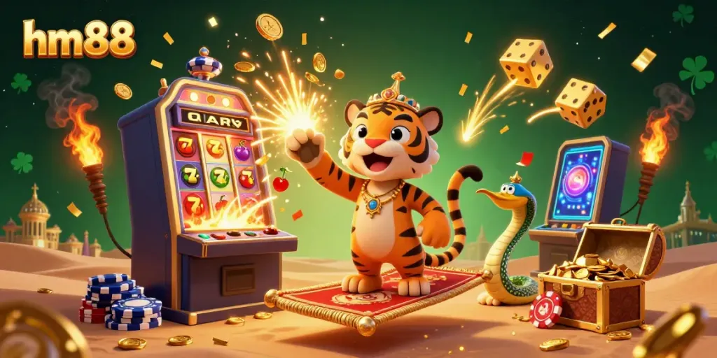 Experience thrilling wins with hm88 at this vibrant, magical online casino illustration featuring a tiger sultan and jackpot elements.