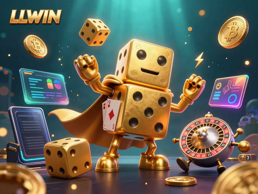 LLWIN promotional 3D illustration showcasing dynamic characters and vibrant gaming elements.