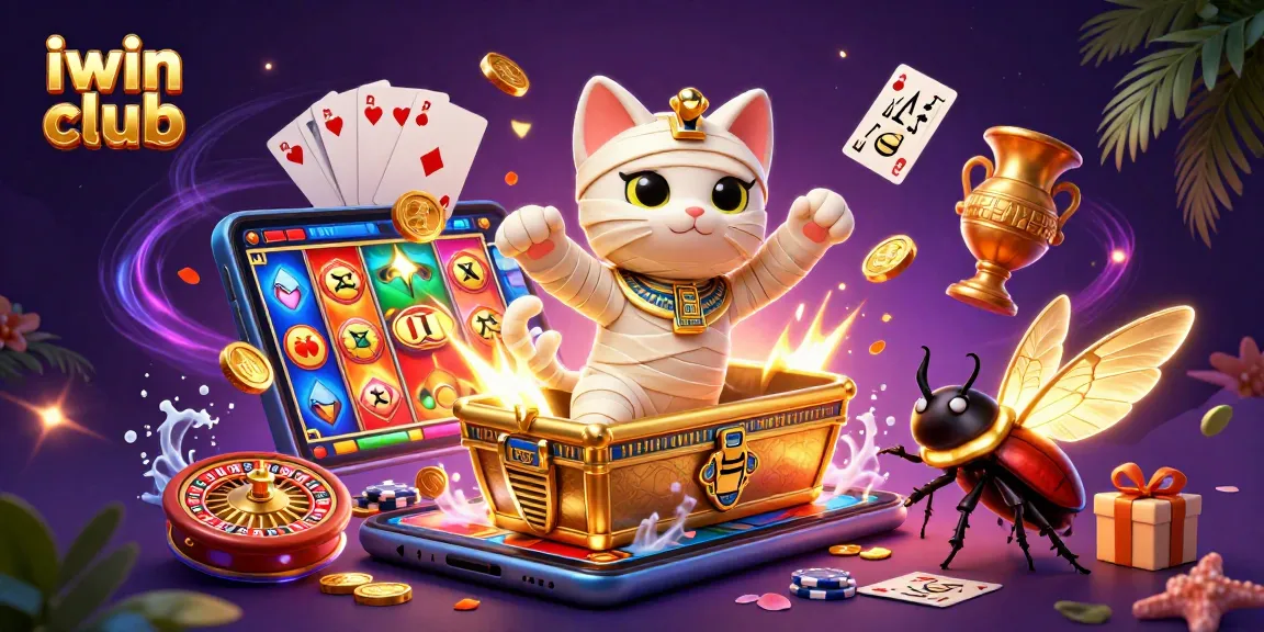 Experience the thrill of iwin club with a dynamic casino scene featuring a mummy cat and scarab.