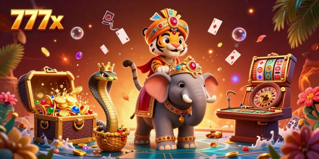 Experience thrilling gameplay at 777x with a cartoon maharaja and vibrant casino elements.