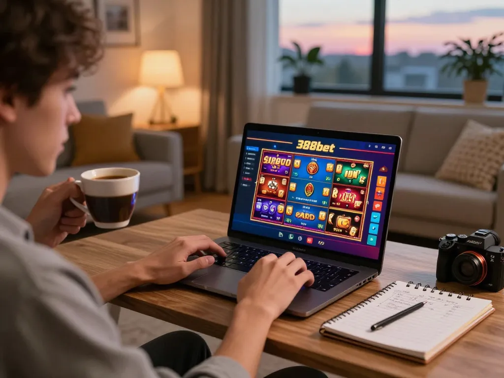 Person engaged in online gaming on 388bet, showcasing interactive casino interface and strategic notes.