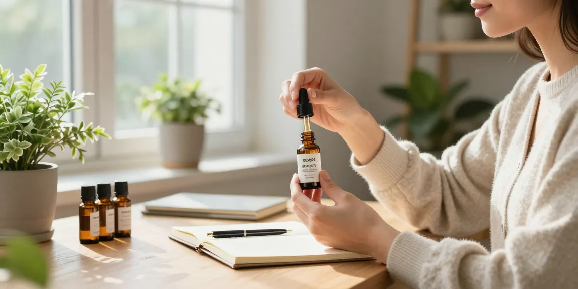 Person enjoying full spectrum CBD oil in a serene home office setting with natural lighting.