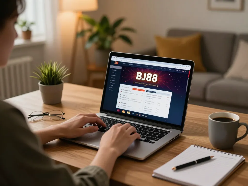 BJ88 user engaging in online casino gameplay in a cozy home office setting