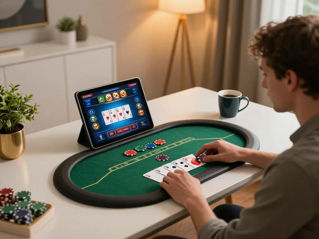 Engaged player at home enjoying online casino gaming on nhà cái fly88 platform with poker action on tablet