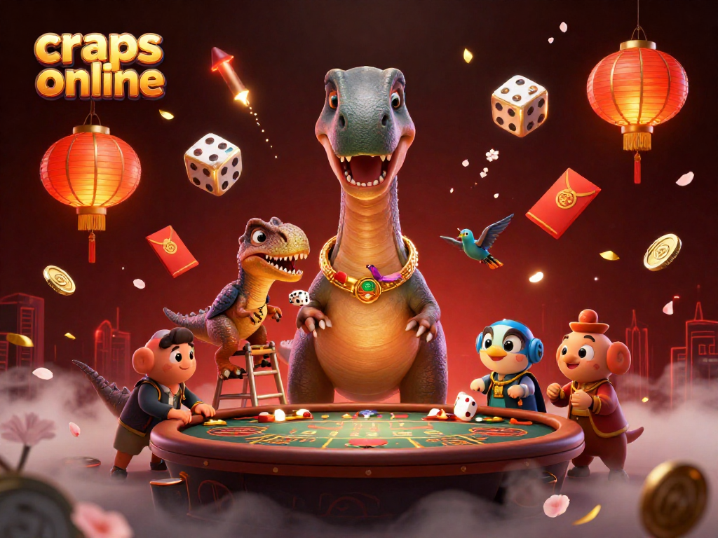 Experience thrilling action at craps online with a 3D cartoon brontosaurus and dynamic gameplay elements.