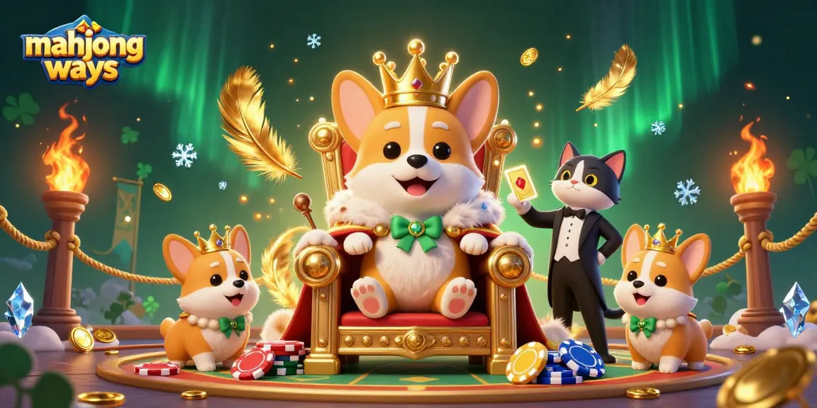 Experience mahjong ways with a royal corgi on a poker chip throne amidst gambling elements.
