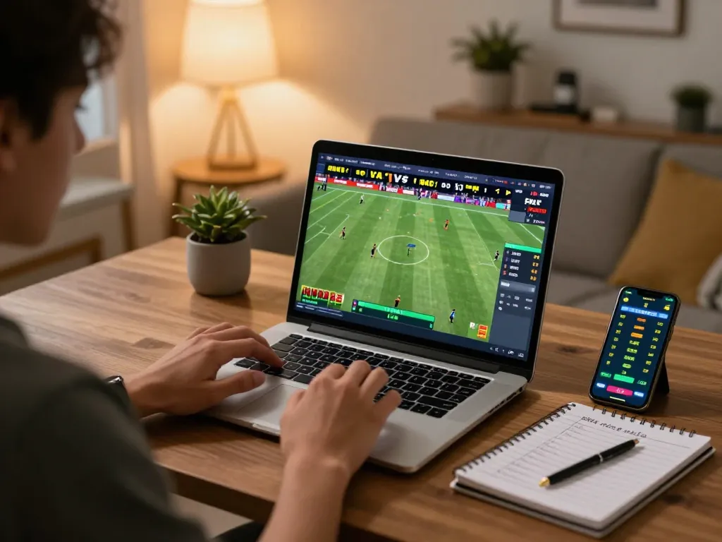 Engaging in kèo nhà cái sports betting at home with a laptop showing live match and betting strategies.