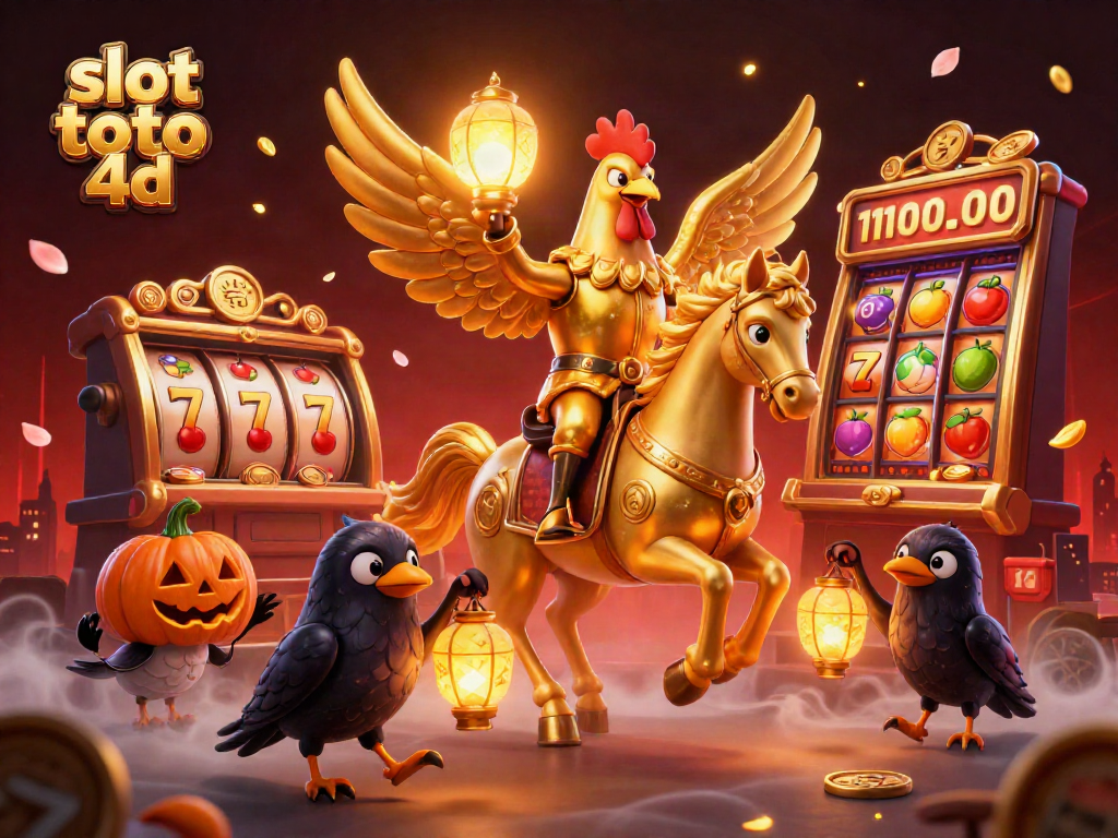 Engage with slot toto 4d in a vibrant casino scene featuring a golden rooster and spectral horse.