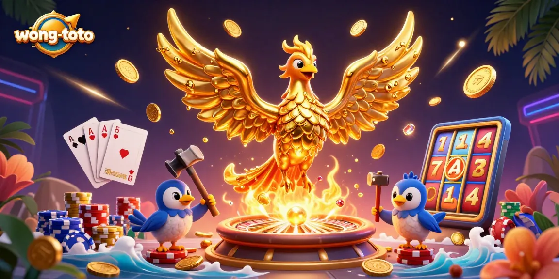 Experience the stunning allure of wong-toto with golden coins and vibrant gem stones in a dynamic casino scene.