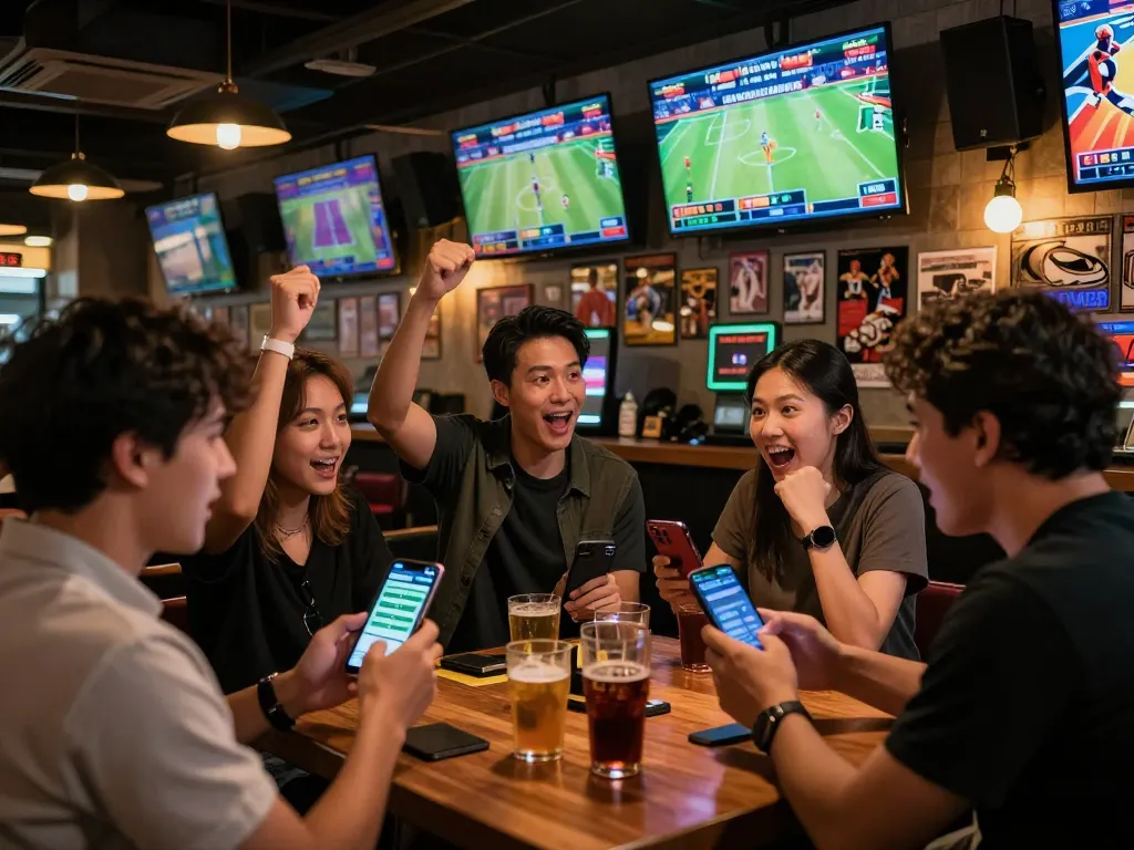 Fans engaging in tỷ lệ kèo nhà cái hôm nay while watching live sports in an exciting sports bar setting