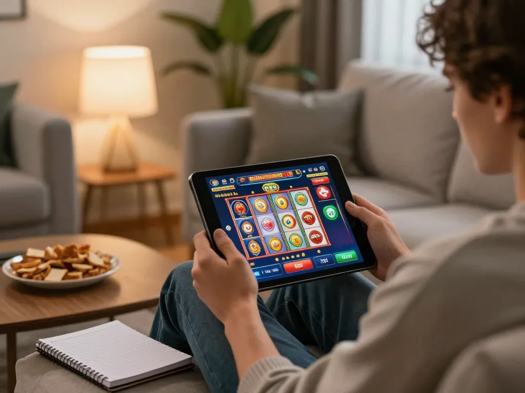 Player engaging with online slots at home on tablet, showcasing xx88 ac gaming interface in cozy setting