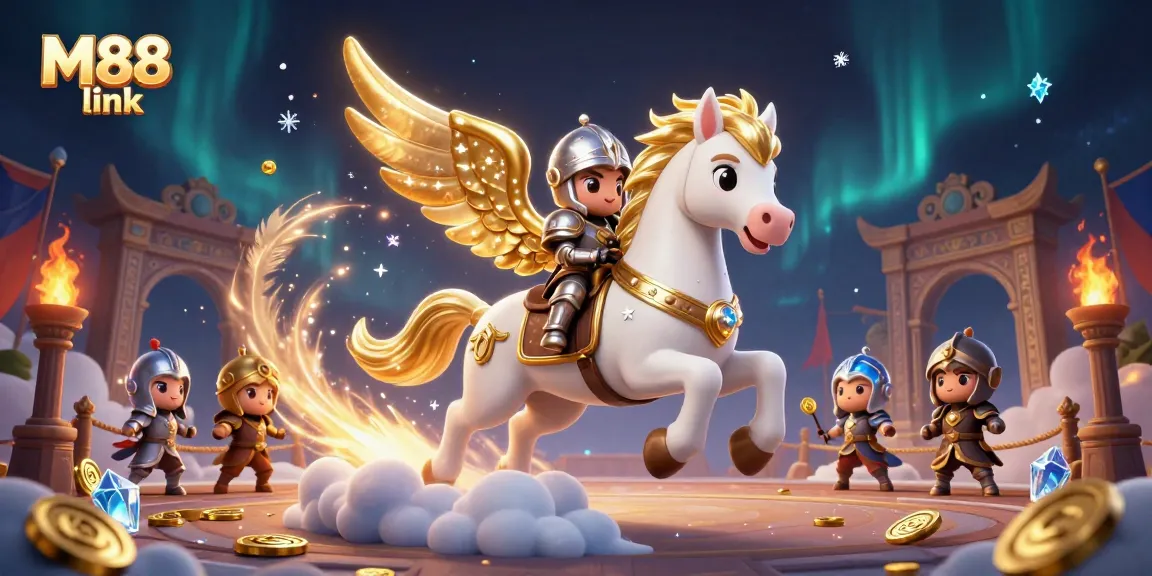 Explore dynamic M88 link with a celestial horse in an enchanting casino setting full of vibrant elements.