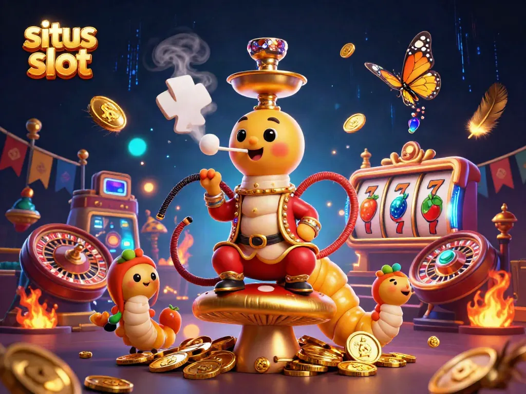 Ilustrasi 3D kartun menampilkan mahkotah ulat raksasa mewah dalam pakaian sultan Turki di kursi jamur emas, dikelilingi simbol slot gacor.